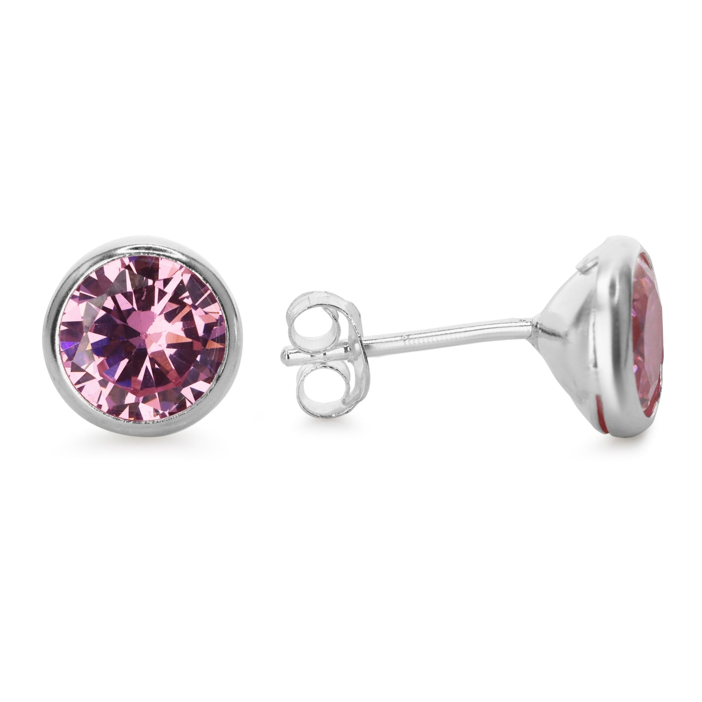 Aros de Plata 925 Estilo Botón con Circón Rosa 8 mm