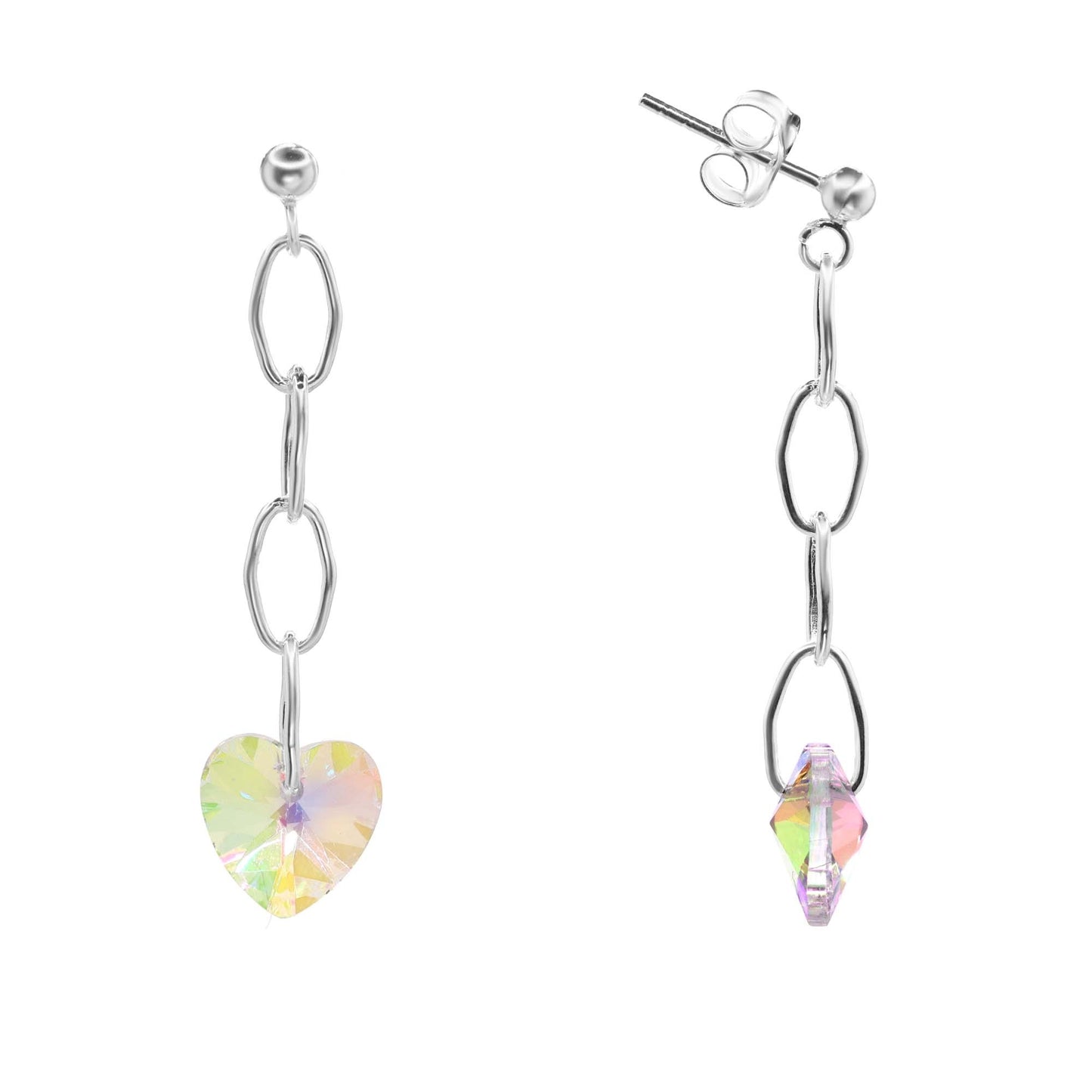 Aros de Plata 925 Estilo Cadena con Corazones con Cristal Tornasol