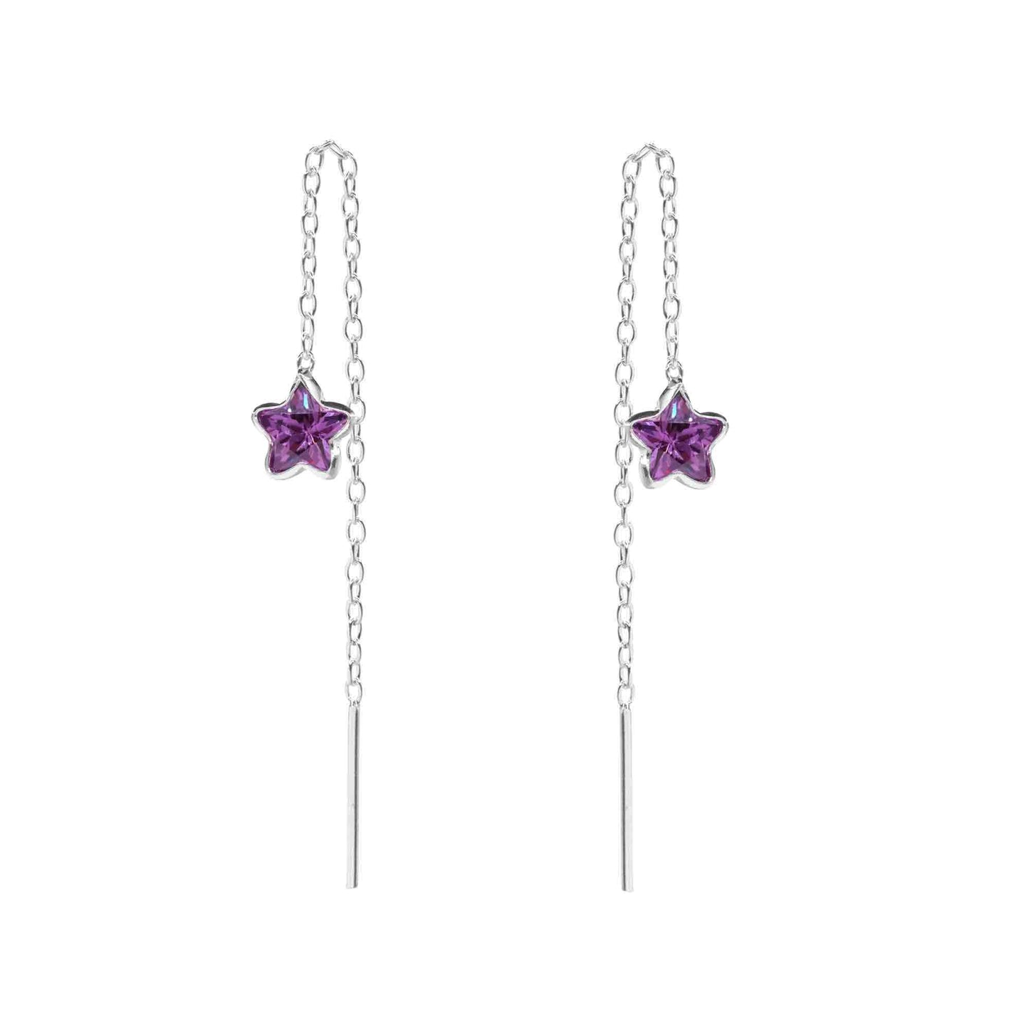 Aros de Plata 925 Estilo Cadena con Estrella Circón Morado