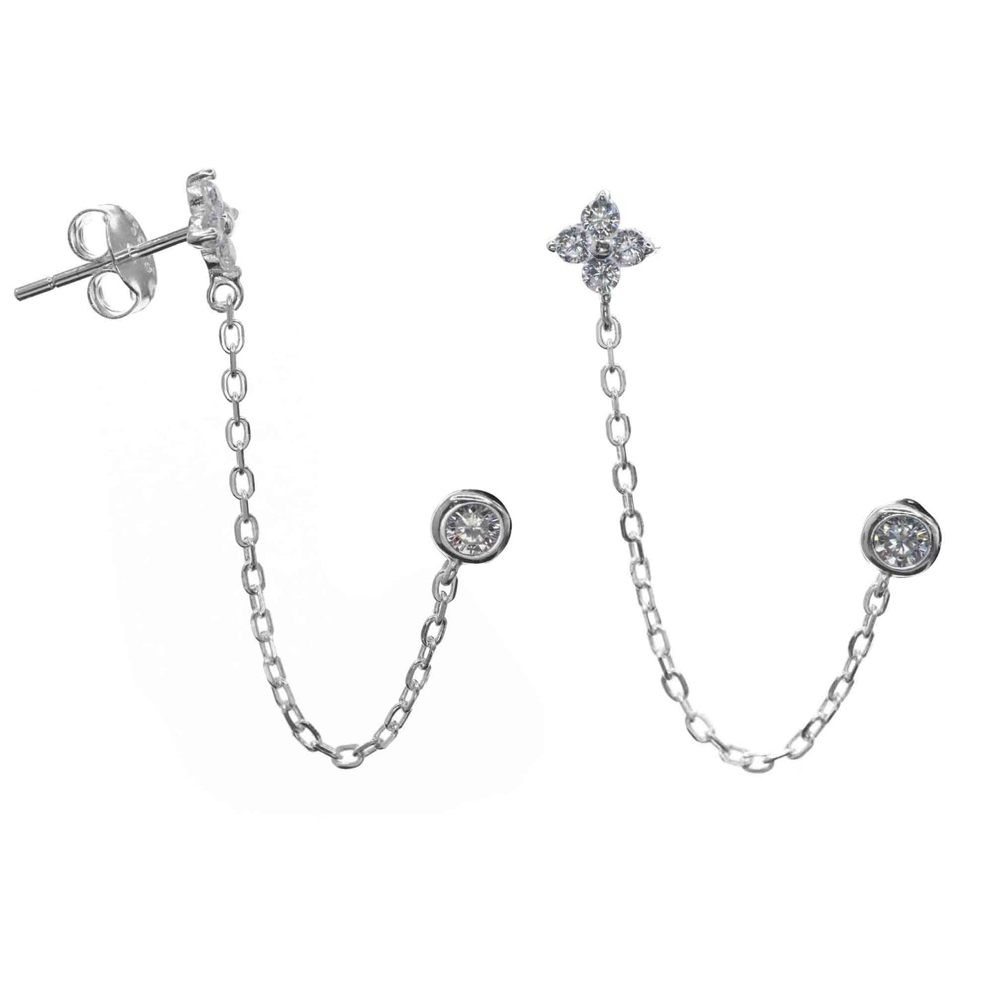 Aros de Plata 925 Estilo Cadena con Flor y Punto de Circón