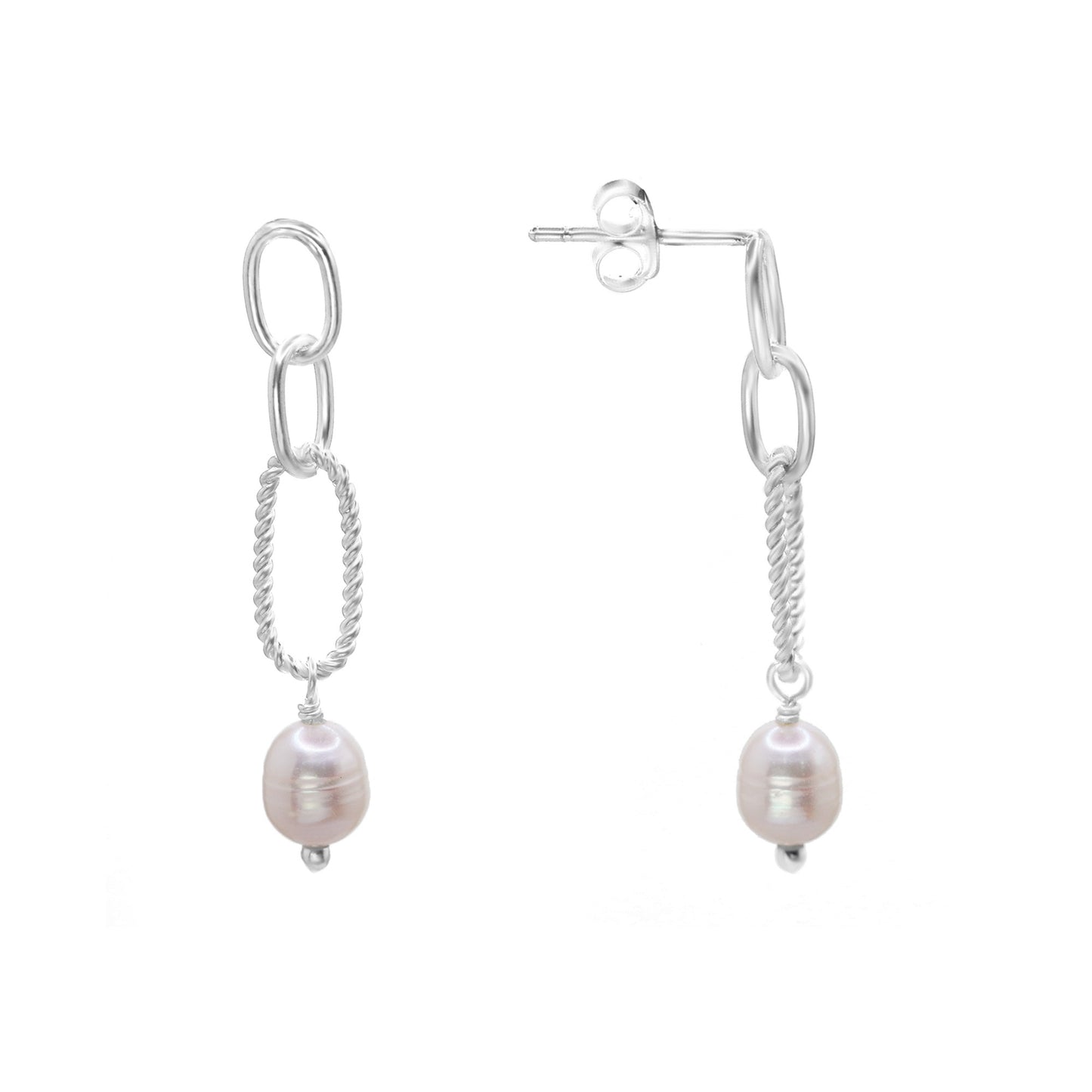 Aros de Plata 925 Estilo Cadena con Perlas de Río