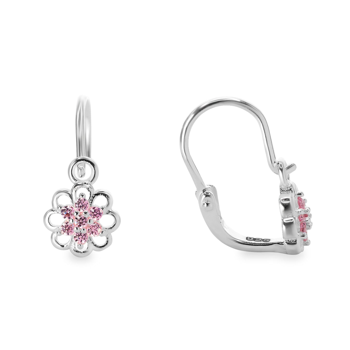Aros de Plata 925 Estilo Gancho con Flor Circones Rosa