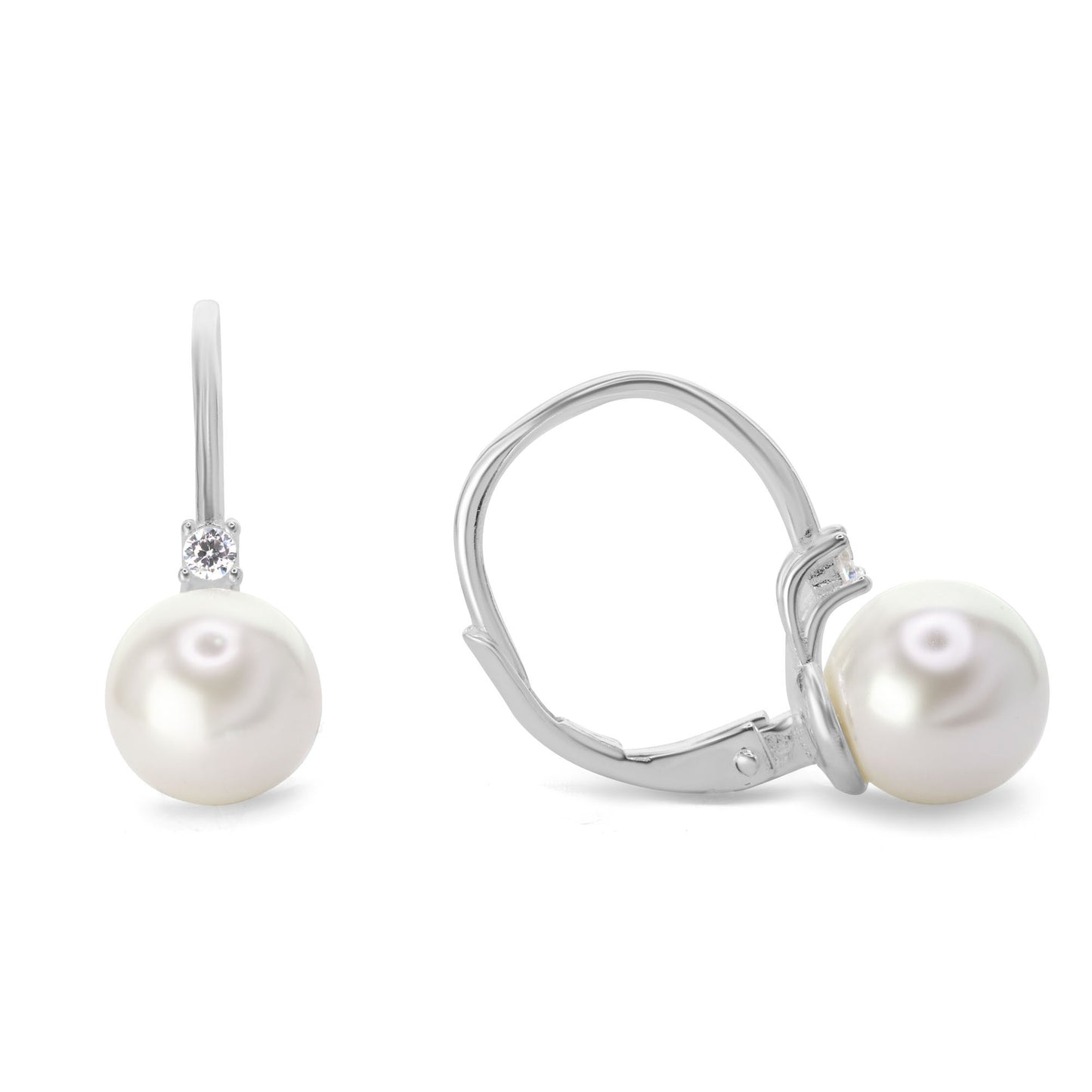 Aros de Plata 925 Estilo Gancho con Perla de Imitación y Pequeño Circón