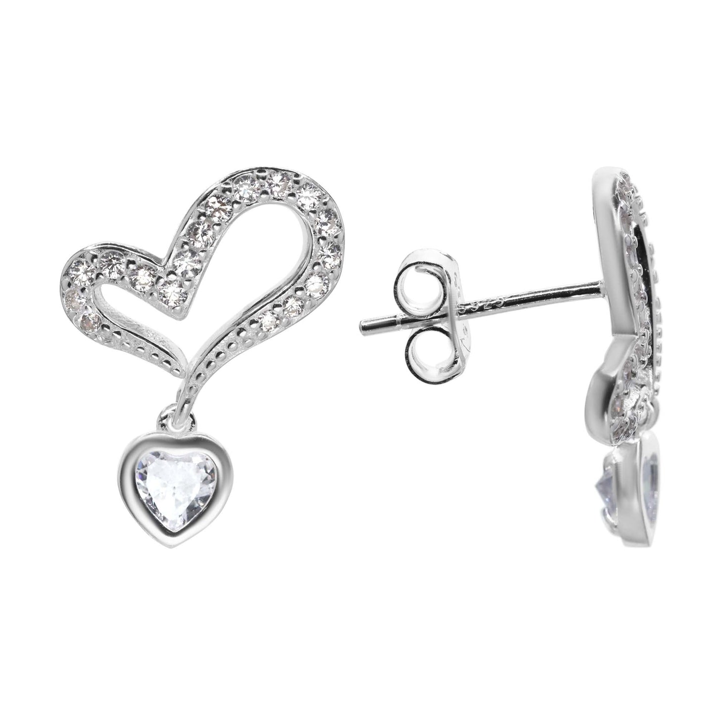 Aros de Plata 925 Figura Corazón con Circones y Pequeño Dije de Corazón