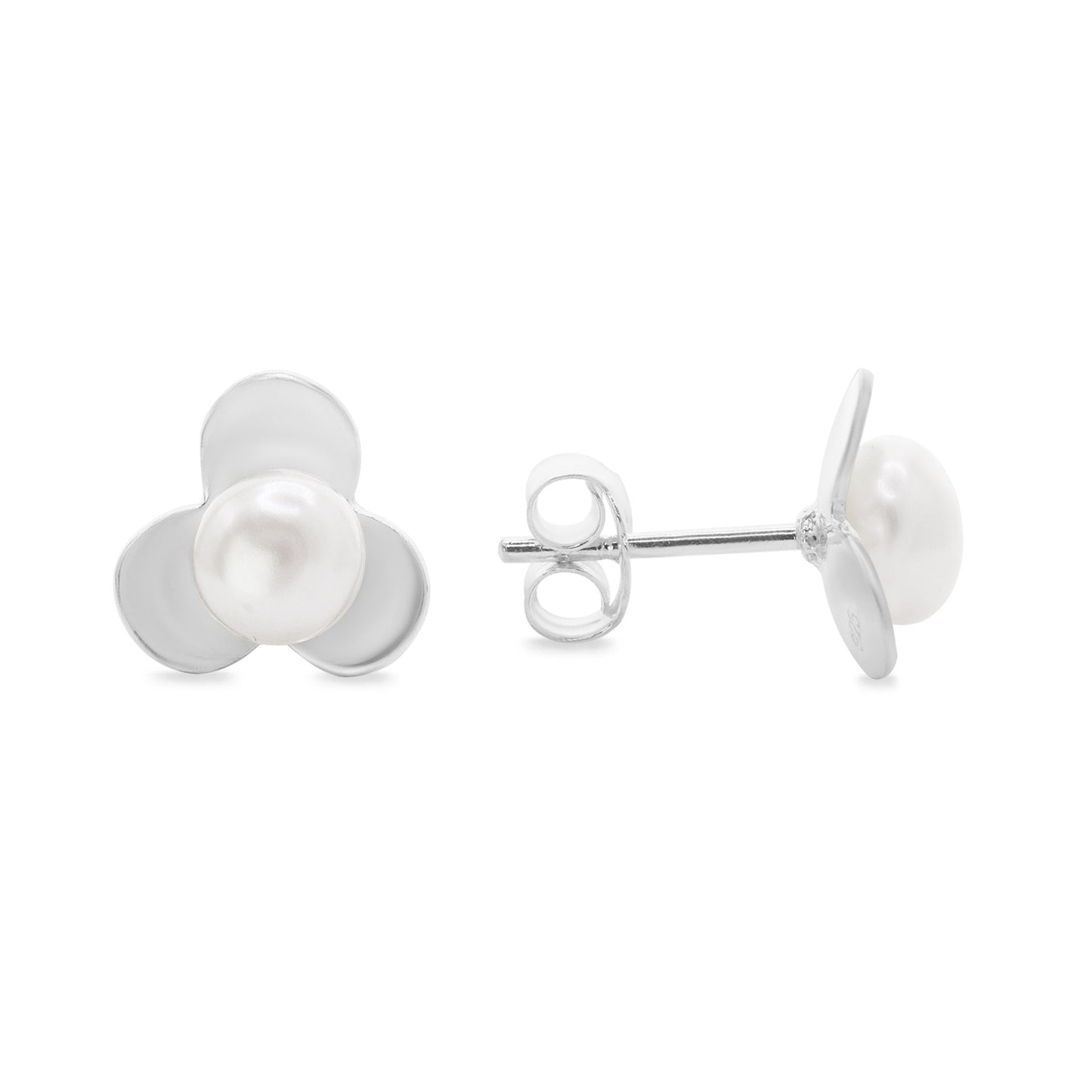 Aros de Plata 925 Flor de Tres Pétalos con Perla