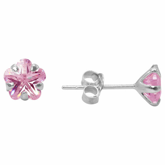 Aros de Plata Flores Circón Rosa 6 mm