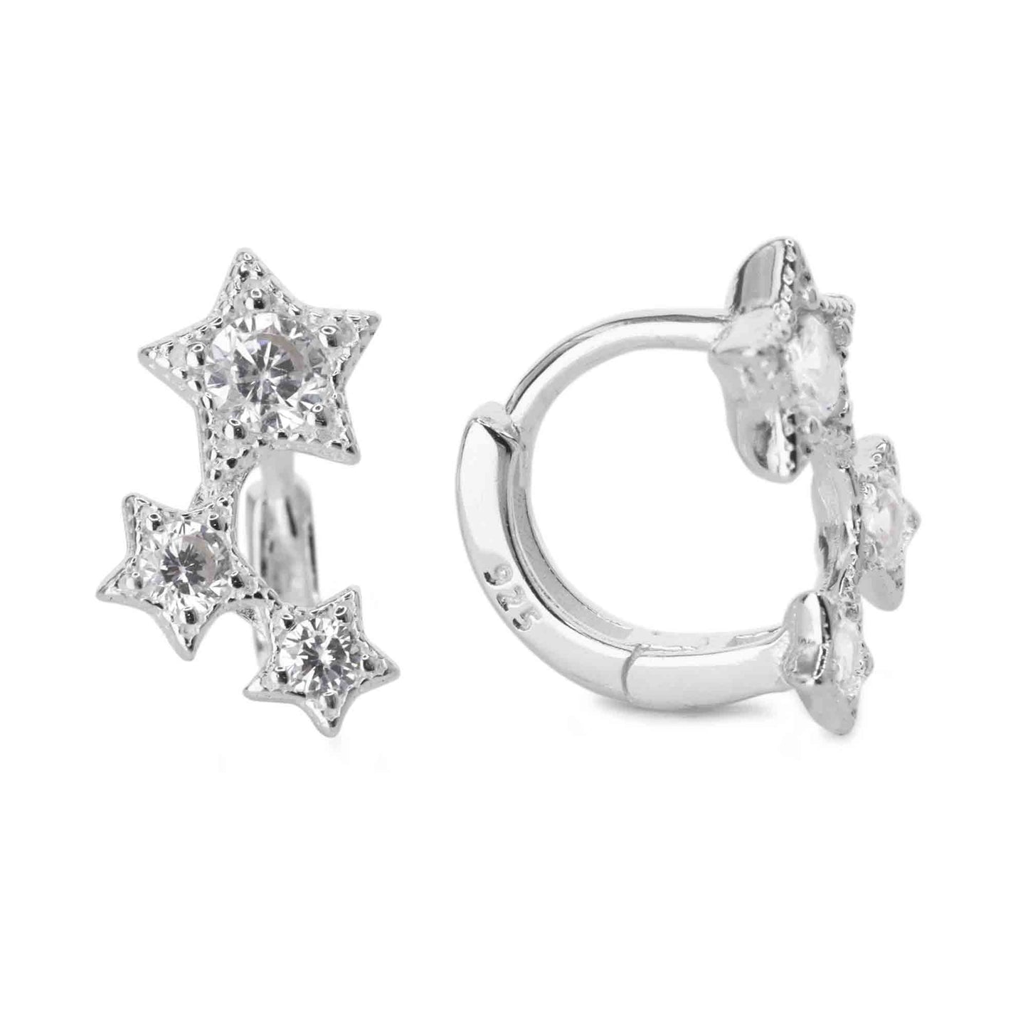 Aros de Plata 925 Mini Argolla con Triple Estrellas de Circones