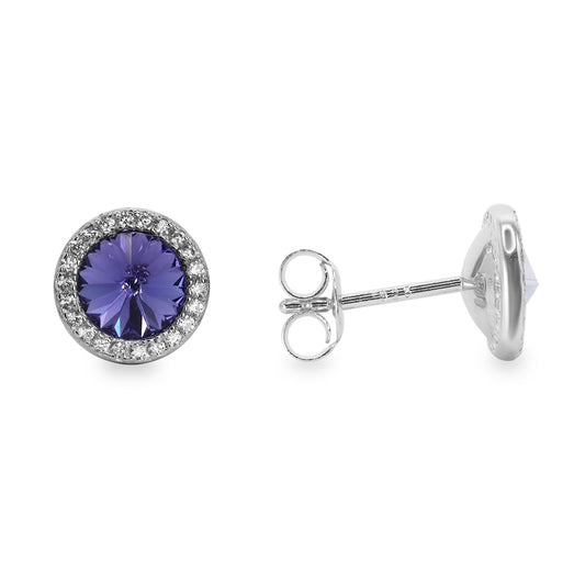 Aros de Plata 925 Modelo Botón Swarovski Elements Cristal Azul Violeta