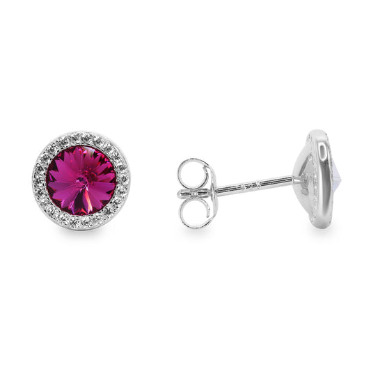 Aros de Plata 925 Modelo Botón Swarovski Elements Cristal Magenta