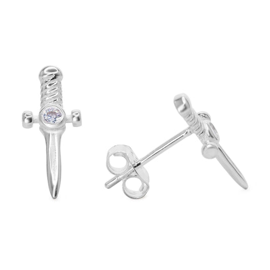 Aros de Plata 925 Modelo Daga con Botón de Circón