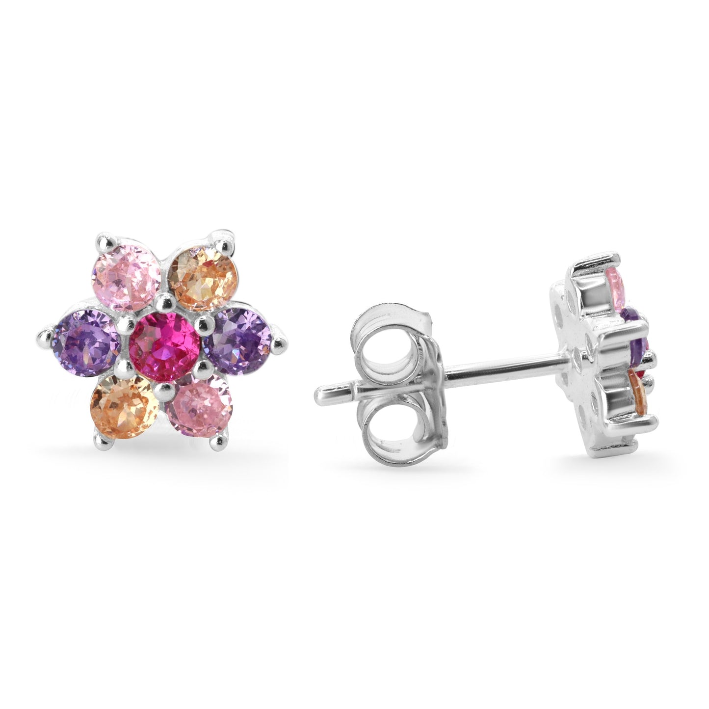Aros de Plata 925 Modelo Flores con Circones de Colores