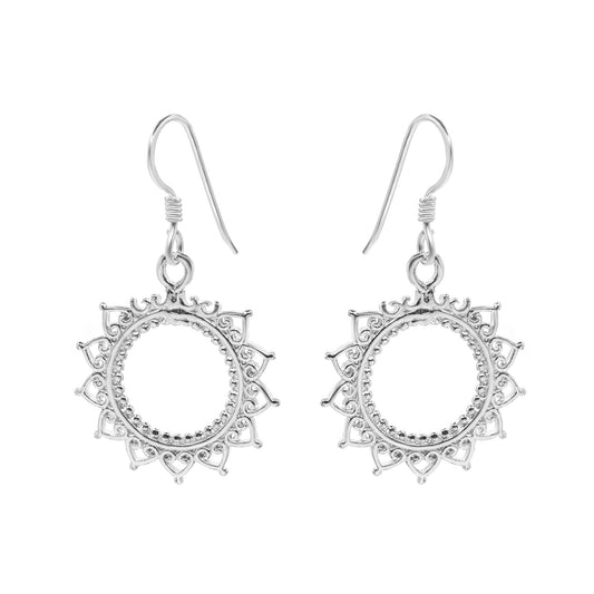 Aros de Plata 925 Modelo Gancho con Flores de Mándala