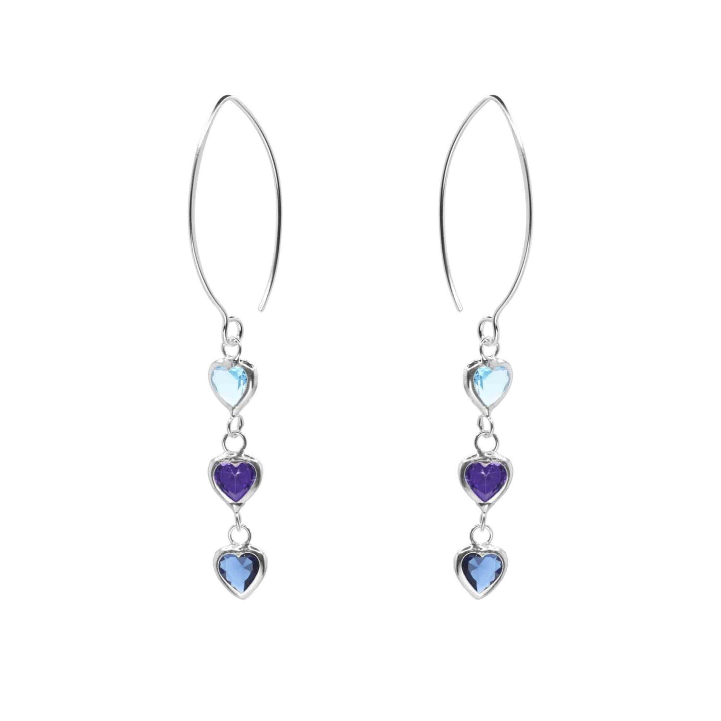 Aros de Plata 925 Modelo Gancho Tres Corazones de Circón en Tonos Azules