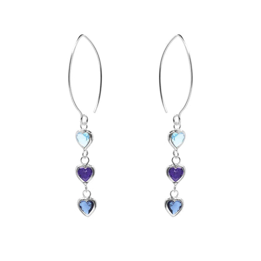 Aros de Plata 925 Modelo Gancho Tres Corazones de Circón en Tonos Azules