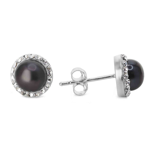 Aros de Plata 925 Modelo Strass con Perla Gris