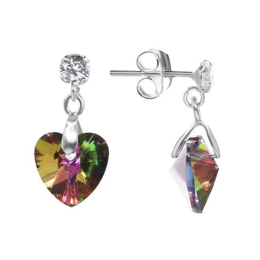 Aros de Plata 925 Pequeño Circón con Corazón de Cristal Tornasol Arcoíris