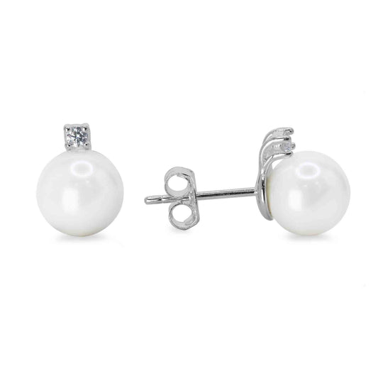 Aros de Plata 925 Perla con Pequeño Circón
