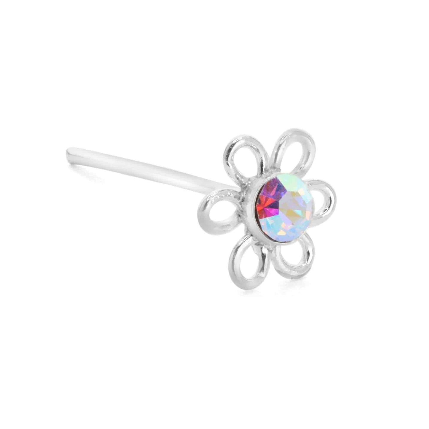 Aros de Plata Piercing Flor Abierta Circón Tornasol (Nariz)