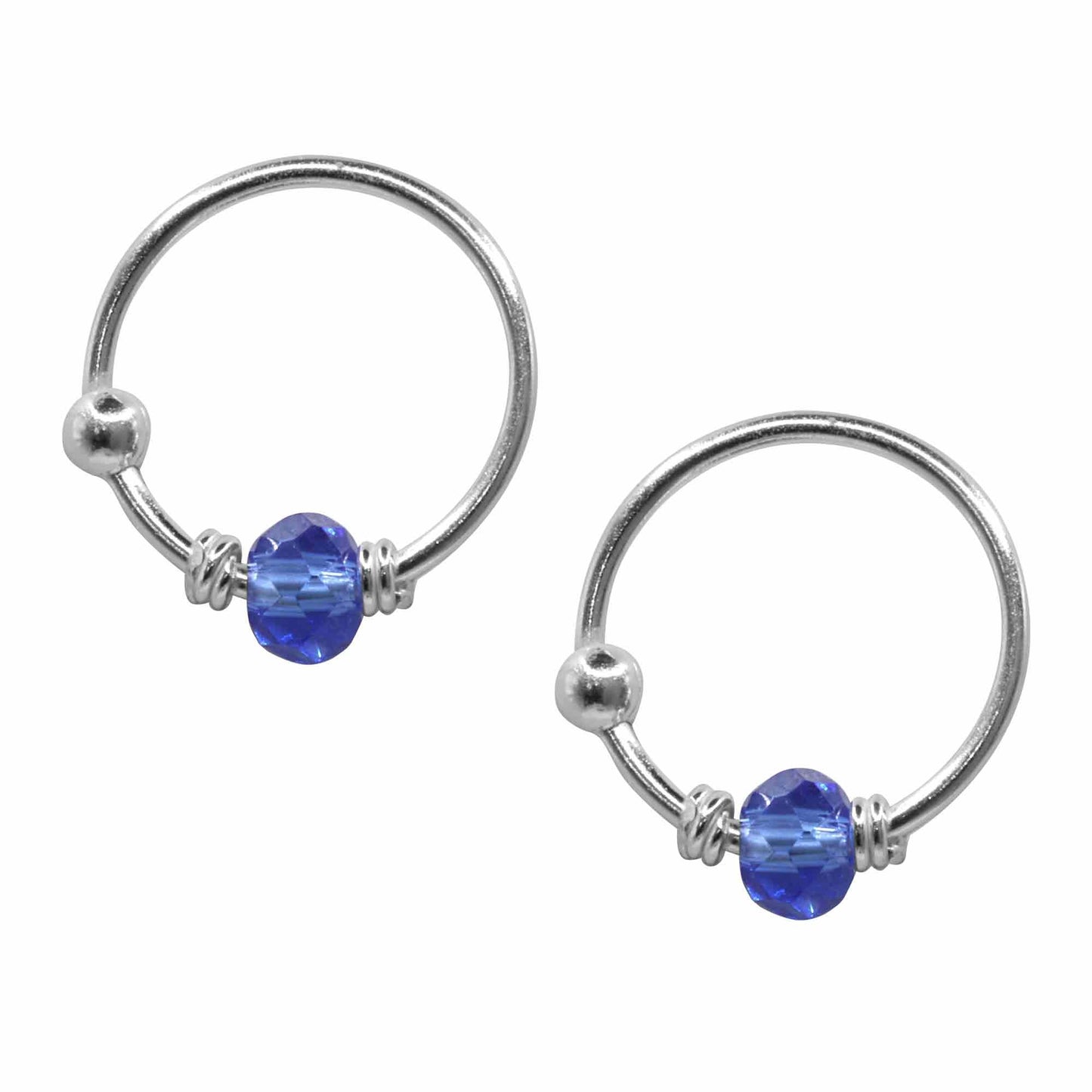 Aros de Plata Piercing Liso Esferas y Cristal Azul 10 mm