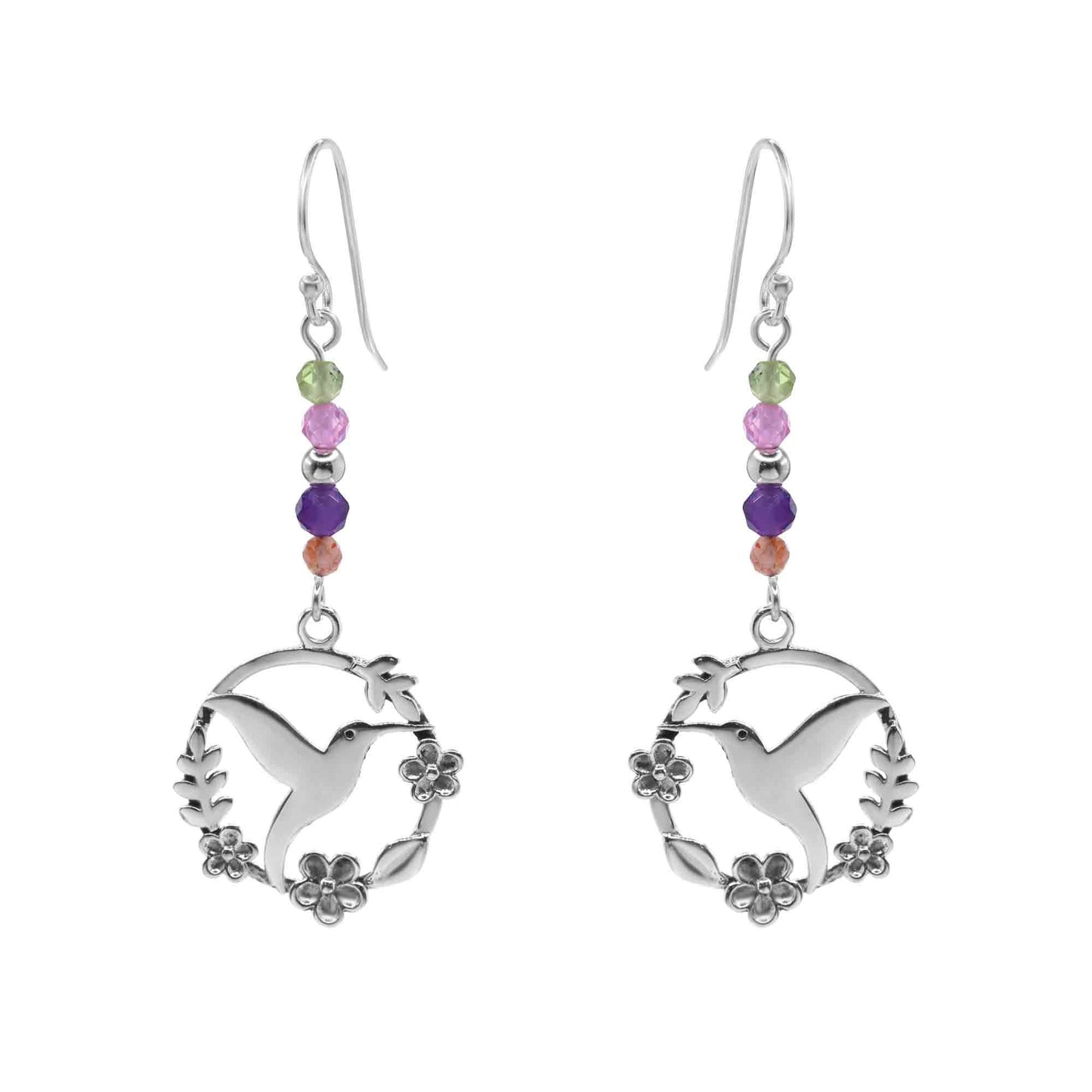 Aros de Plata 925 Placa Colibrí con Agatas de Colores