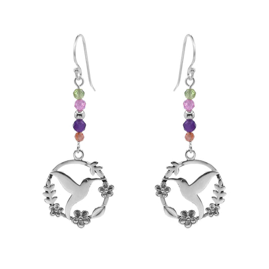 Aros de Plata 925 Placa Colibrí con Agatas de Colores