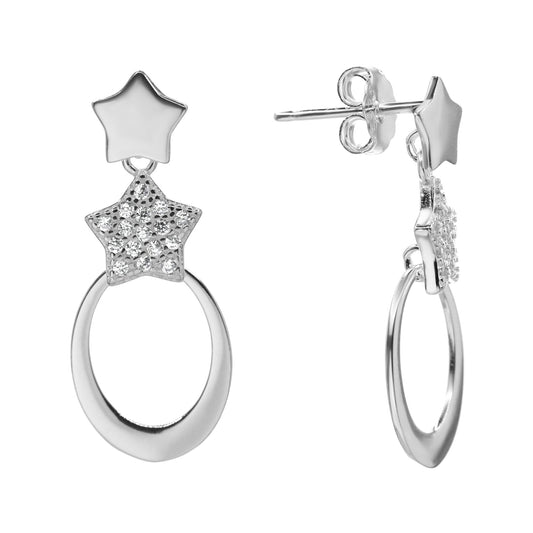 Aros de Plata 925 Placas Estrellas Lisas y Circones con Argolla Ovalada