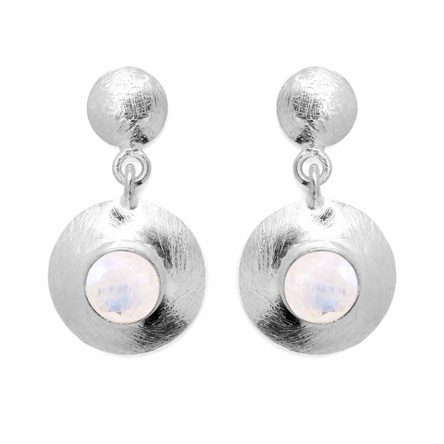Aros de Plata 925 Placas Redondas Satinadas con Piedra Luna