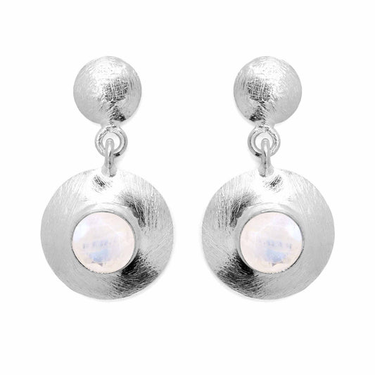 Aros de Plata 925 Placas Redondas Satinadas con Piedra Luna