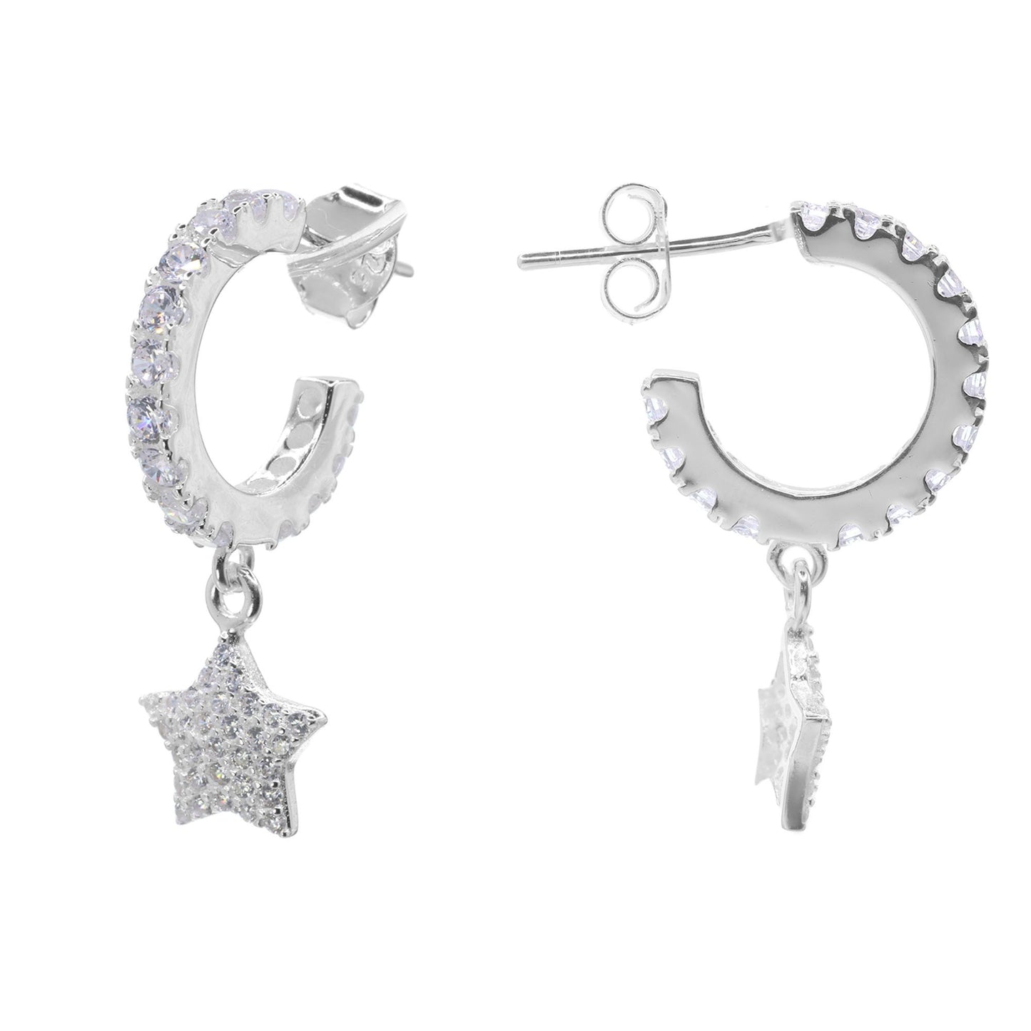 Aros de Plata Semi Argolla con Estrella y Circones
