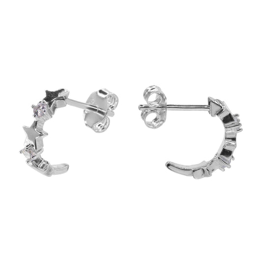 Aros de Plata 925 Semi Argolla de Estrellas con Circones