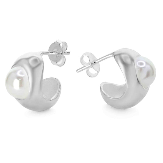 Aros de Plata 925 Semi Argolla Gruesa con Aplicación de Perla Imitación