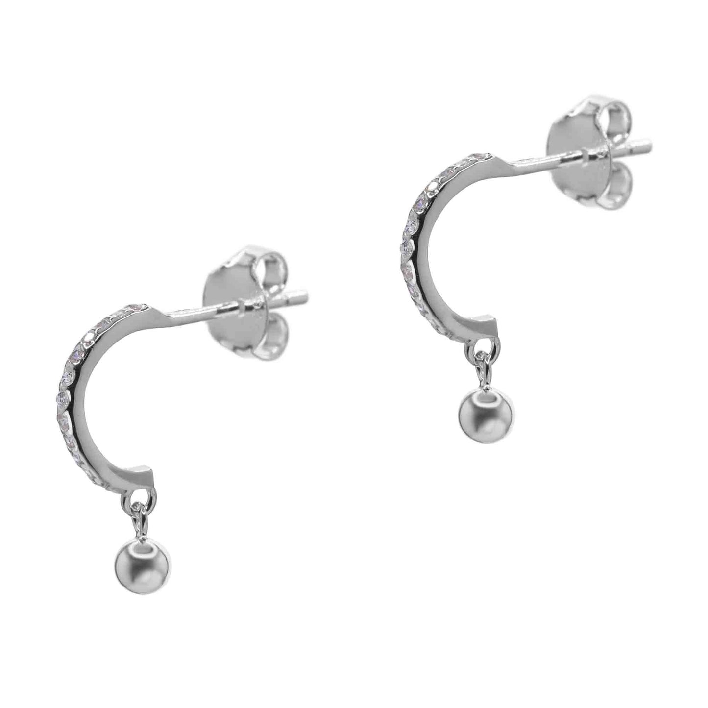 Aros de Plata 925 Semi Argollas con Circones y Esfera Lisa Colgante