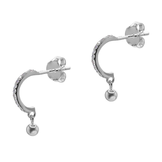 Aros de Plata 925 Semi Argollas con Circones y Esfera Lisa Colgante