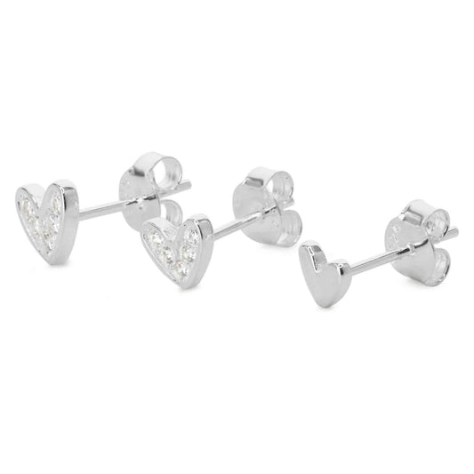 Aros de Plata 925 Set Trio Individual de Corazones Liso y Aplicación de Circones
