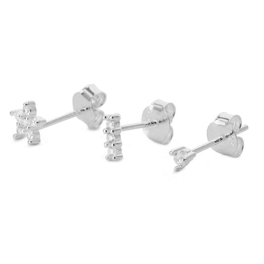 Aros de Plata 925 Set Trio Individual Flor, Varita y Punto de Circón