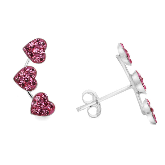 Aros de Plata 925 Trío Corazón Strass Rosa