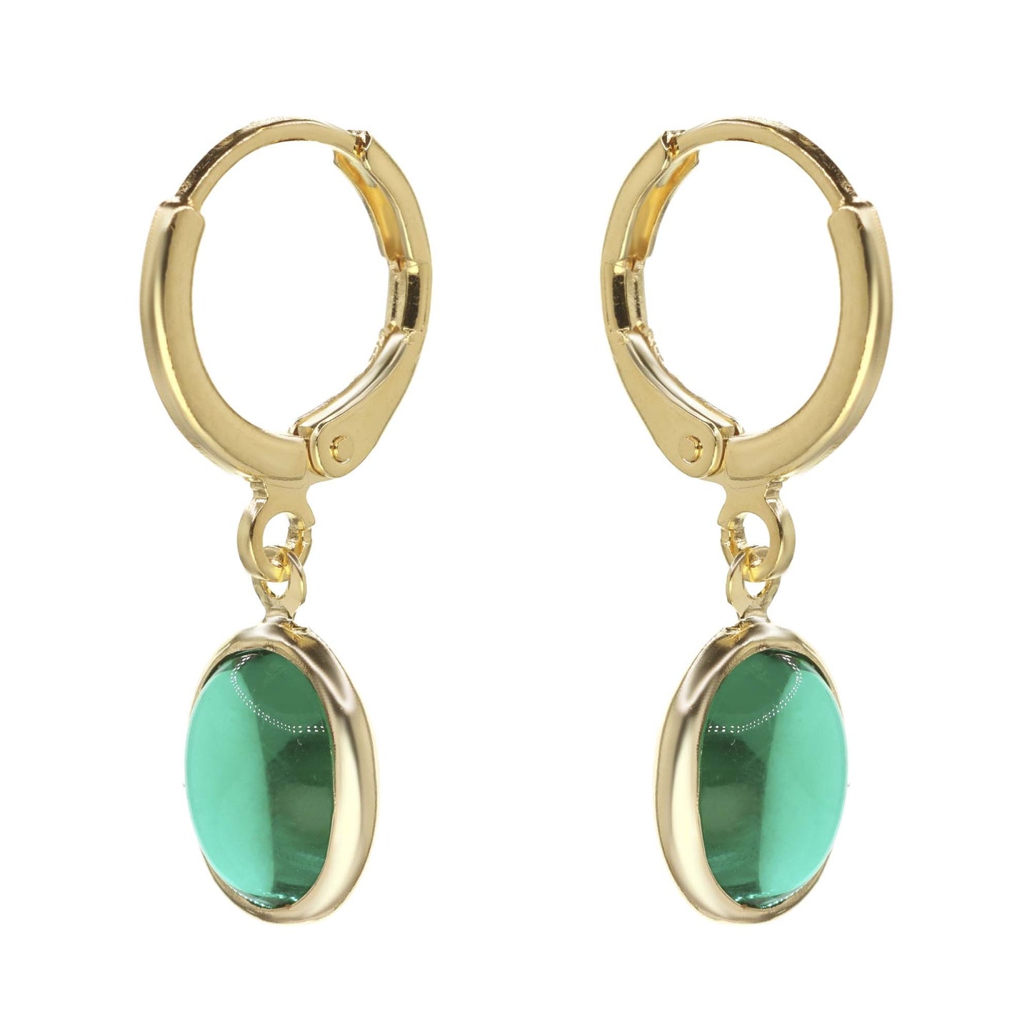 Aros Enchapado en Oro Diseño Argolla con Ovalo Verde 29 mm