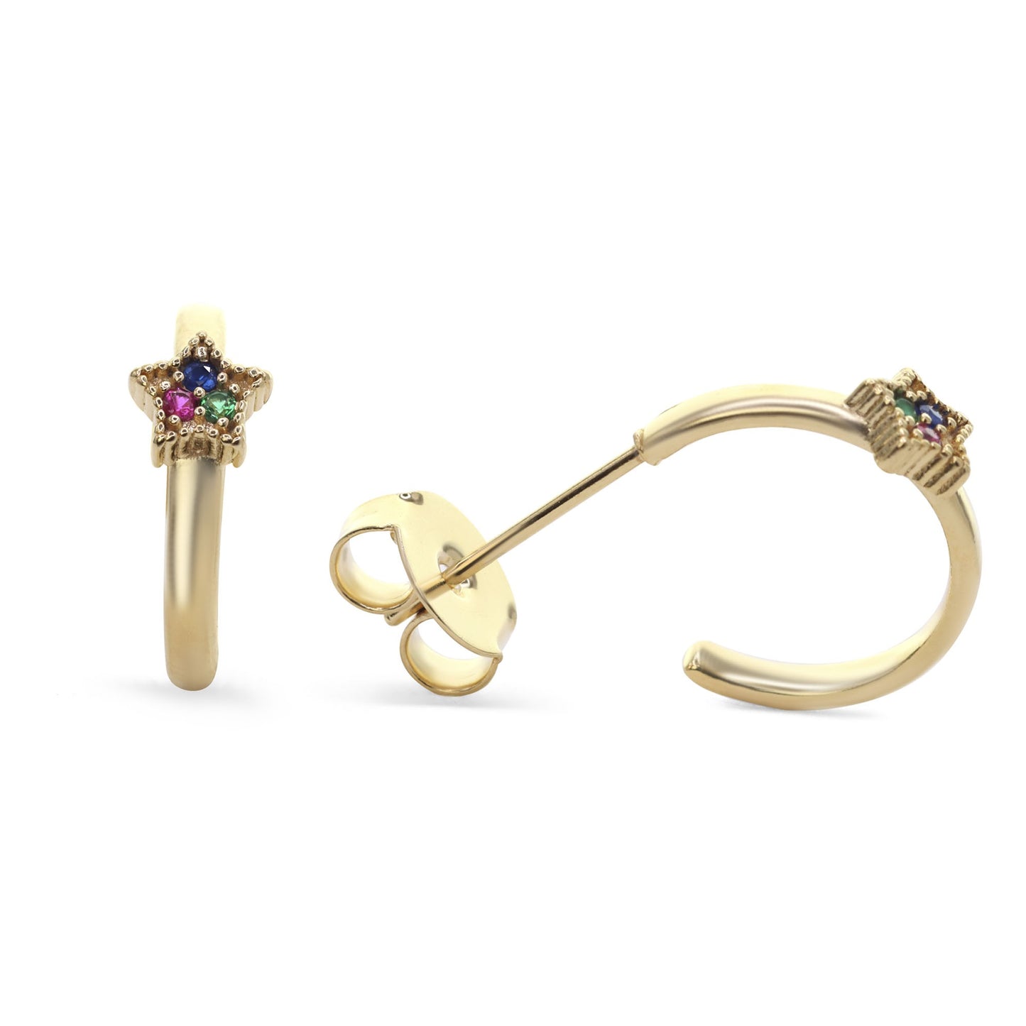 Aros Enchapado en Oro Mini Argollas con Pequeña Estrella con Aplicación de Circones de Colores