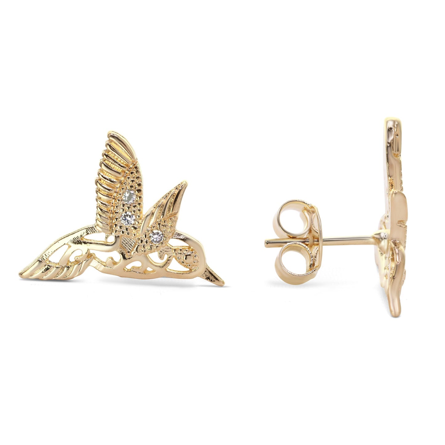 Aros Enchapados en Oro Diseño Colibrí con Circones