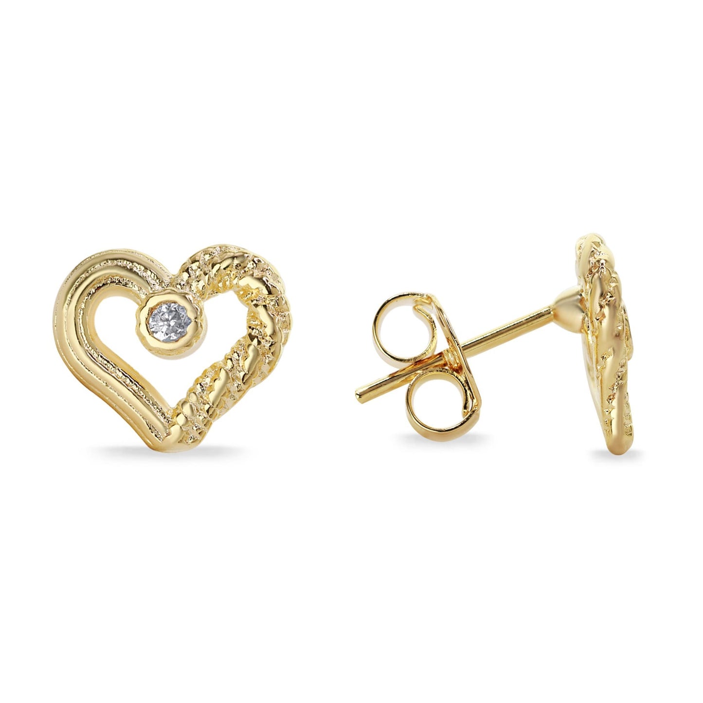 Aros Enchapados en Oro Diseño Corazón con Relieves y Pequeño Circón