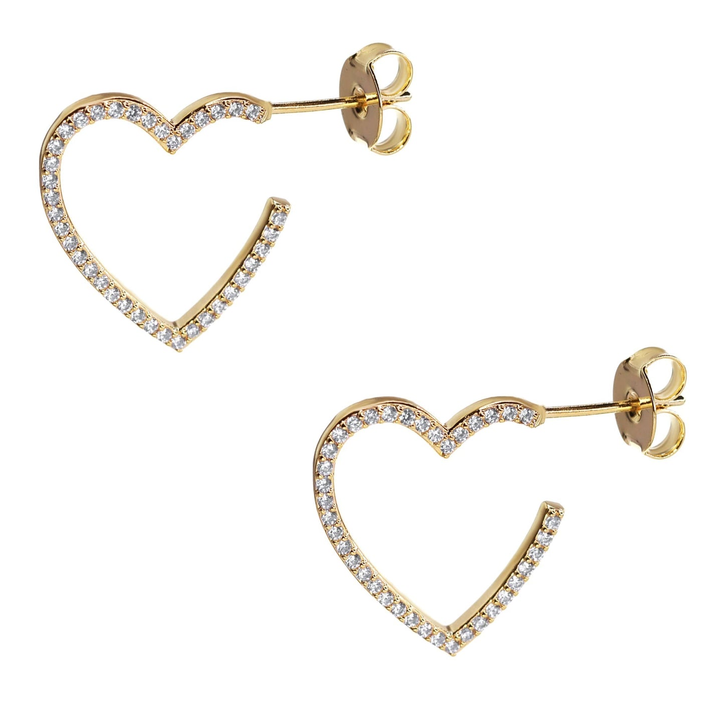 Aros Enchapados en Oro Diseño Corazón Semi Abierto con Serie de Circones