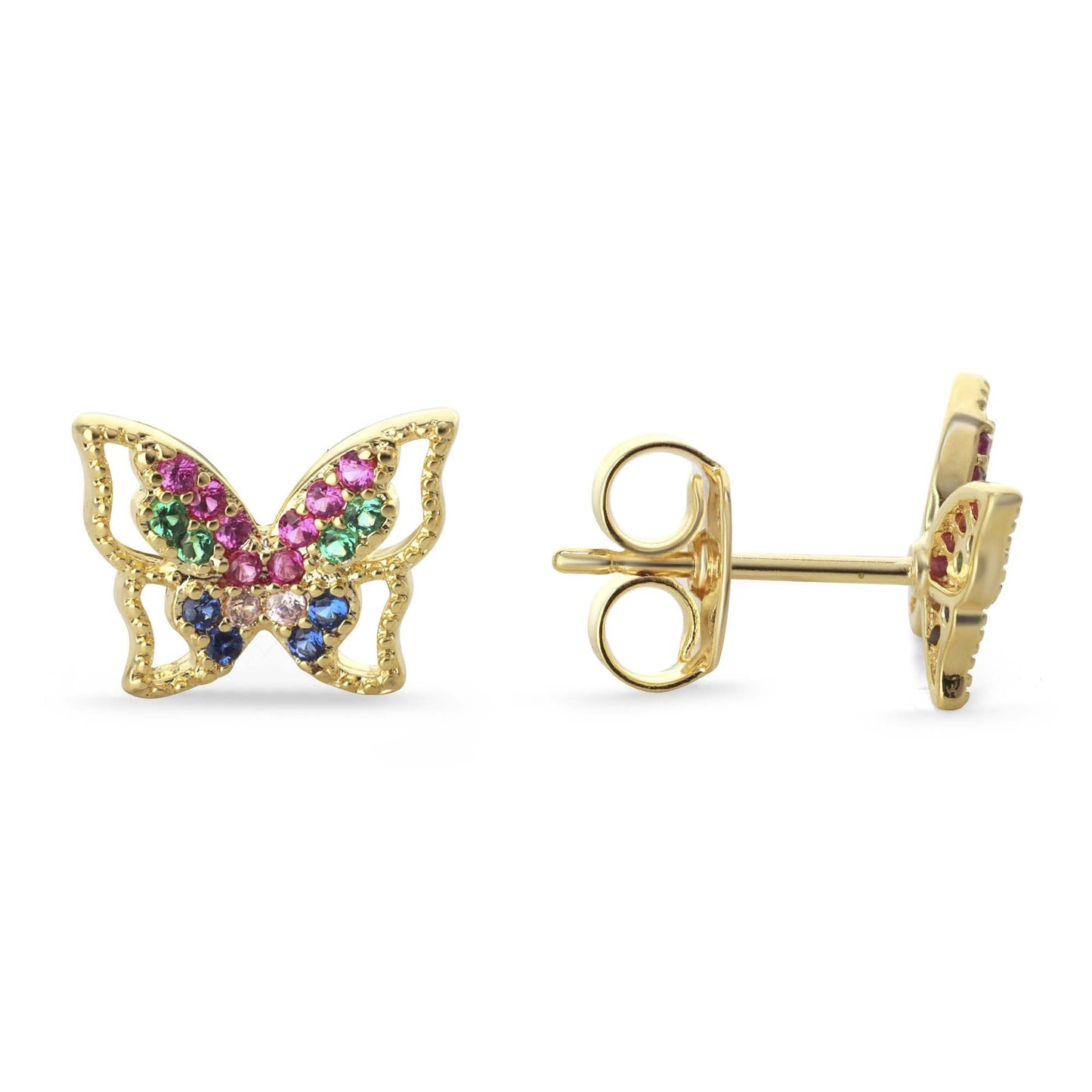 Aros Enchapados en Oro Diseño Mariposa Calada de Pequeños Circones de Colores