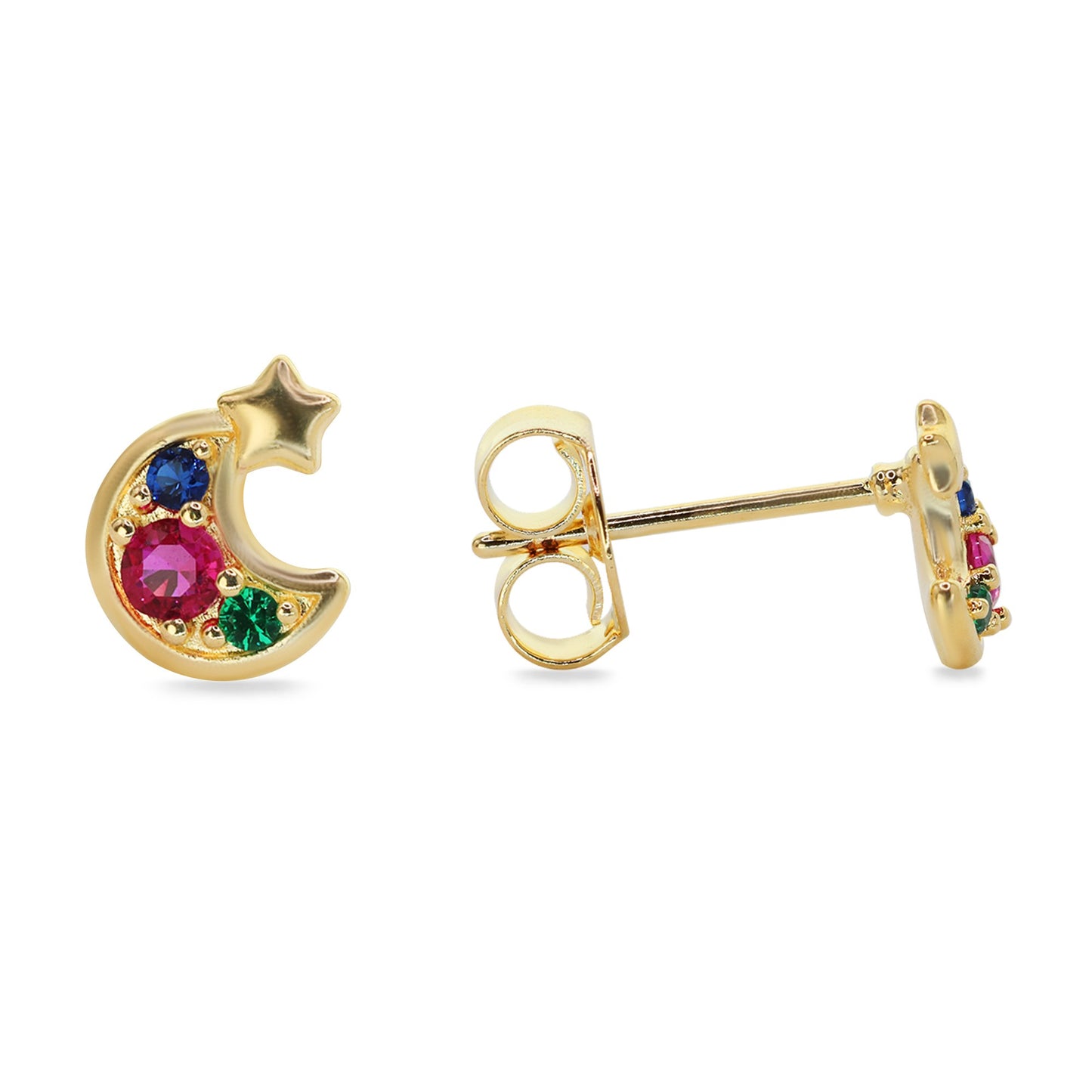 Aros Enchapados en Oro Diseño Media Luna con Estrella y Circones de Colores