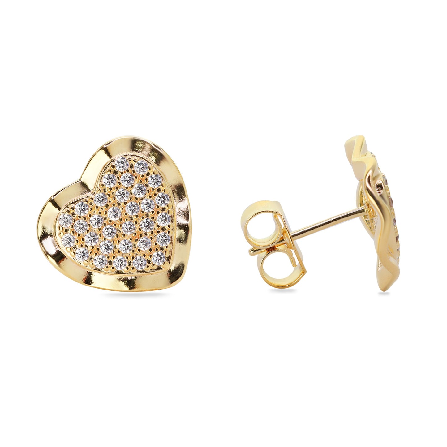 Aros Enchapados en Oro Diseño Placas Corazón Mediano con Circones