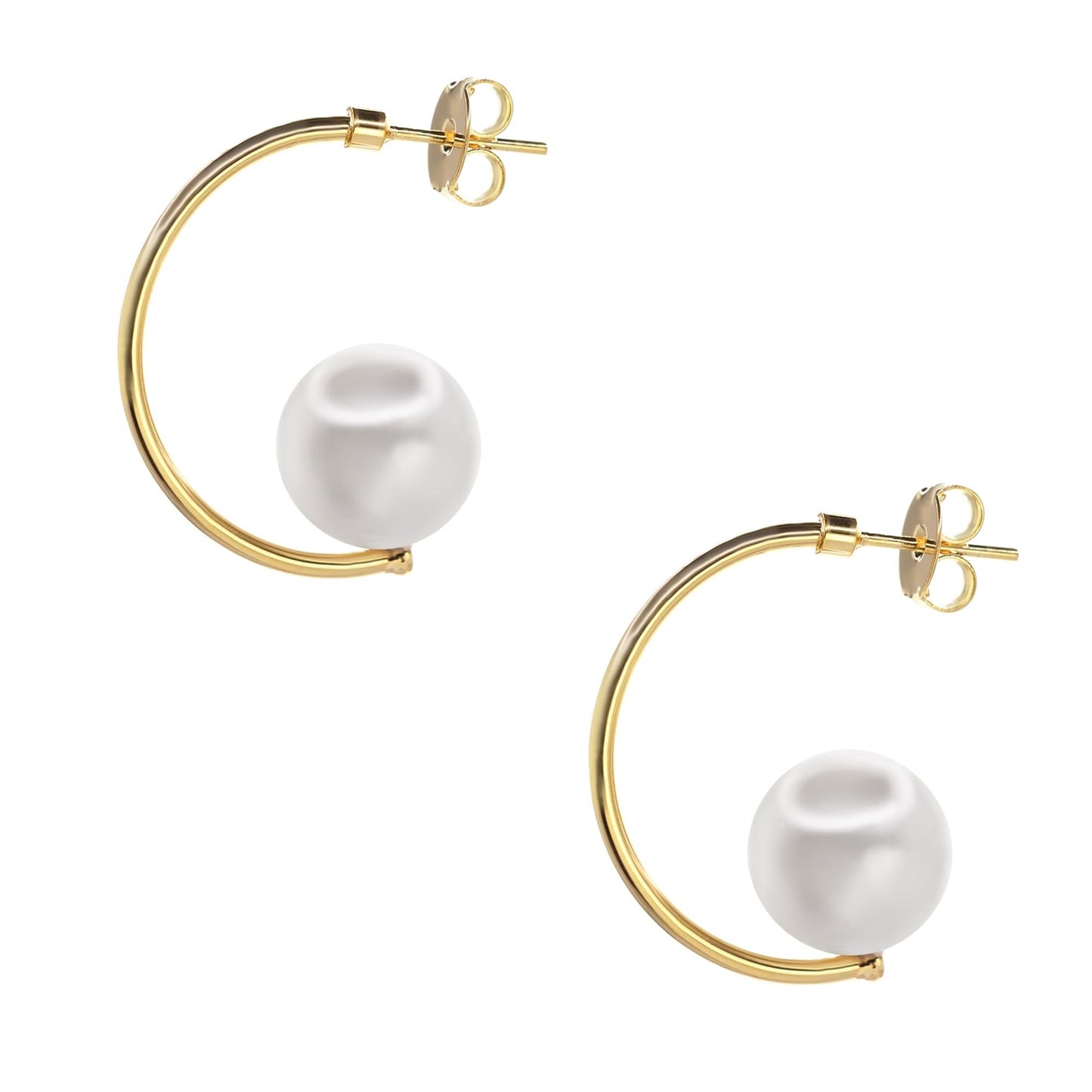 Aros Enchapados en Oro Diseño Semi Argolla Lisa con Perla Imitación