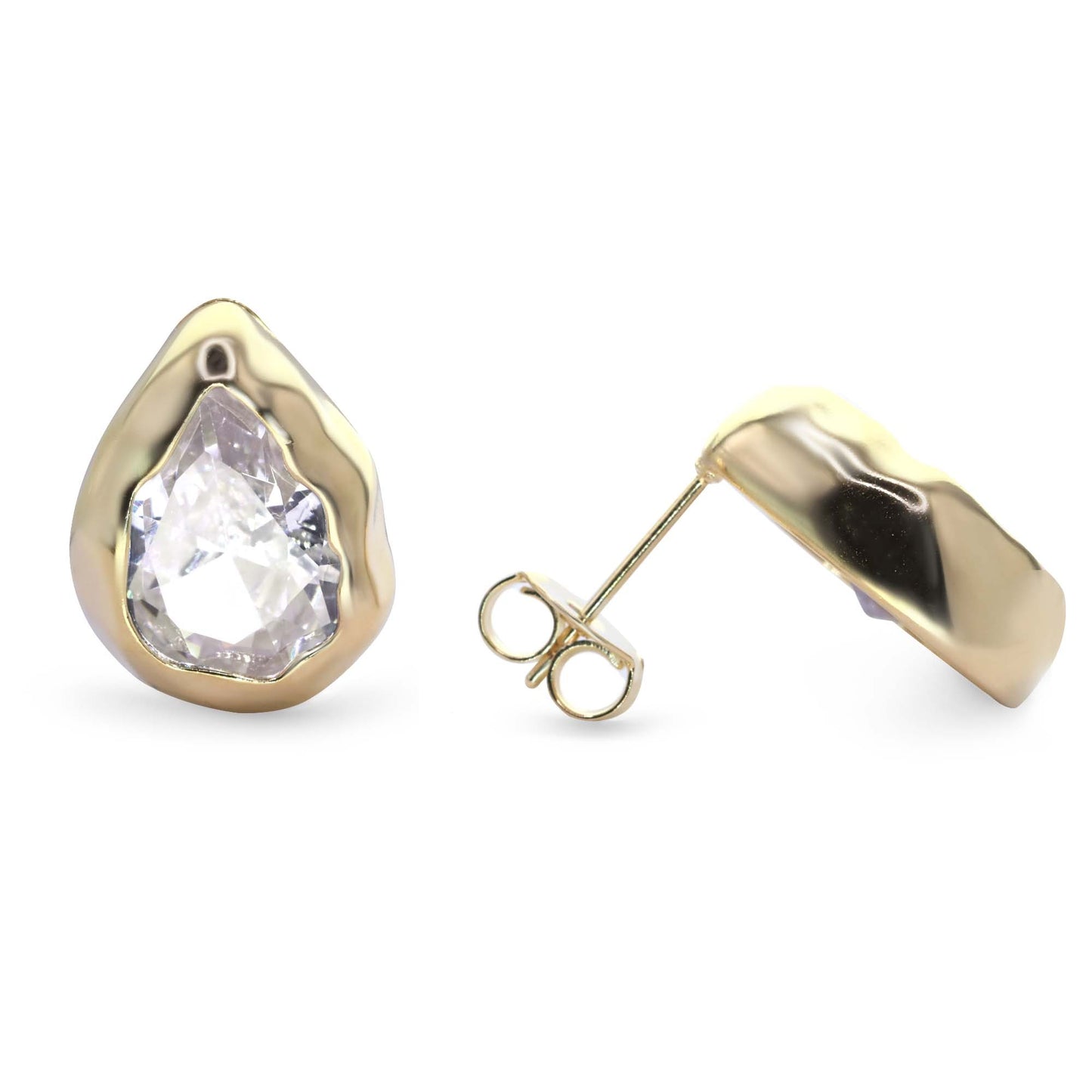 Aros Enchapados en Oro Estilo Martillado Lagrima con Gran Circón