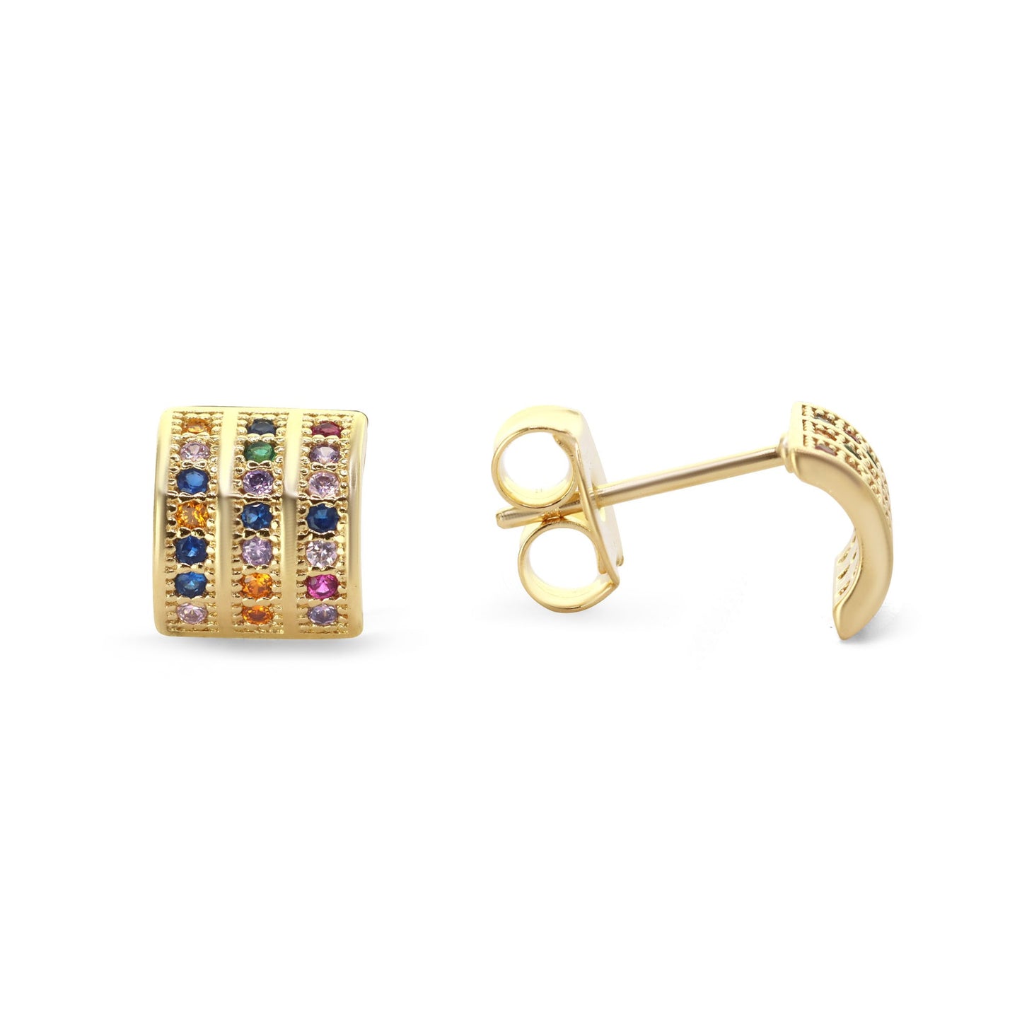 Aros Enchapados en Oro Estilo Placa con Circones de Colores