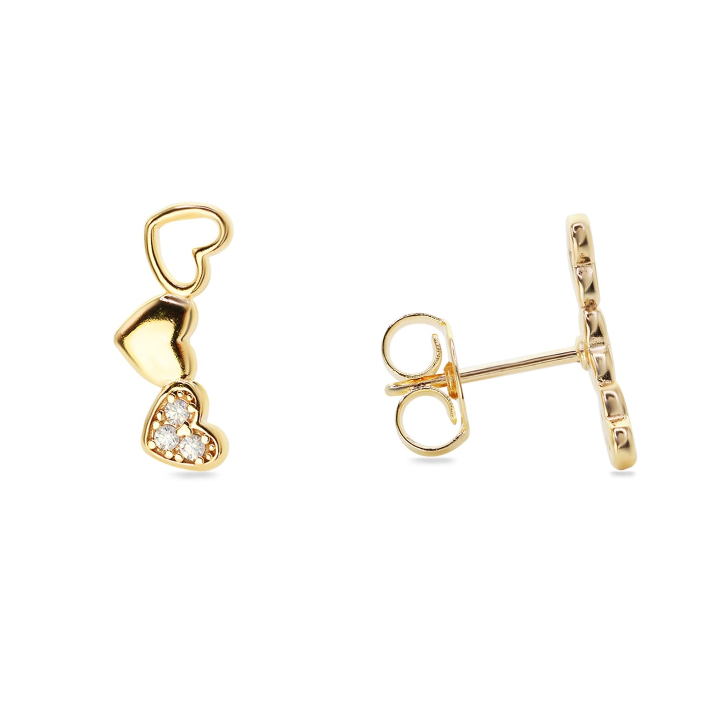 Aros Enchapados en Oro Estilo Trepador Diseño Corazones con Circón