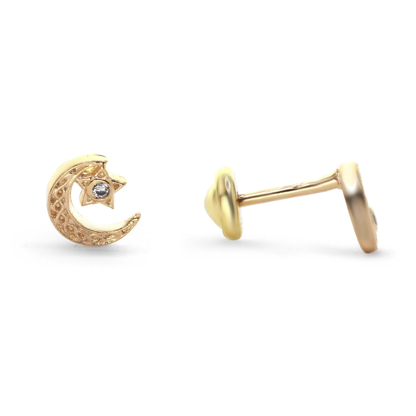 Aros Enchapados en Oro Modelo Luna con Estrella y Circón de Tope para Bebé