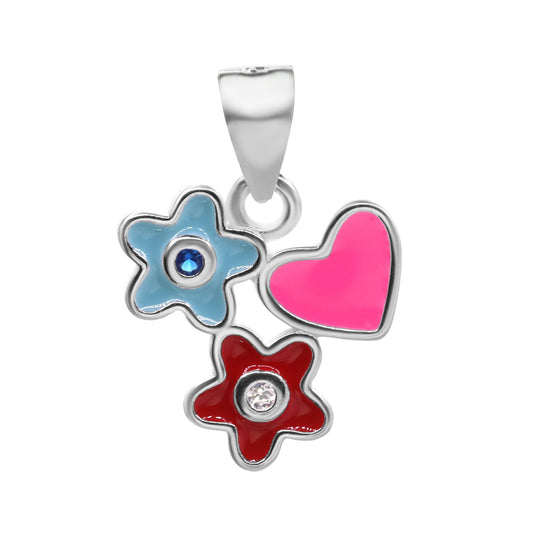 Colgante de Plata Flores y Corazón Esmaltados con Mini Circones
